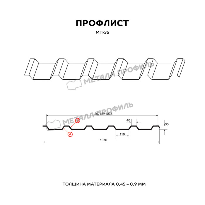 Профлист Металл Профиль МП35 0.5 Полиэстер RAL 3020 Красный насыщенный A фото 2