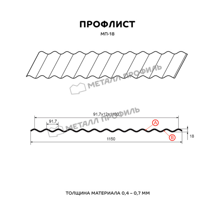 Профлист Металл Профиль МП18 0.5 AGNETA® двусторонний Copper/Copper, Медный/Медный B фото 2