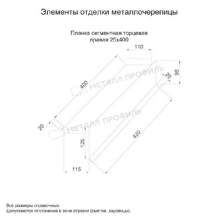 Планка сегментная торцевая правая 400 мм (PURETAN-20-8017-0.5) фото 2