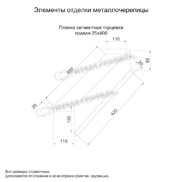 Планка сегментная торцевая правая 400 мм (PURETAN-20-RR11-0.5) фото 2